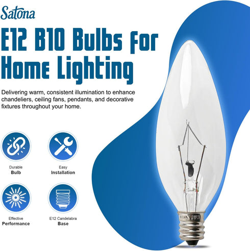 25W 120V E12 B10 Bulbs, Bulbs Dimmable, 2700K (Pack 12) SATONA Base CTC Incandescent Light Transparent Candle Light