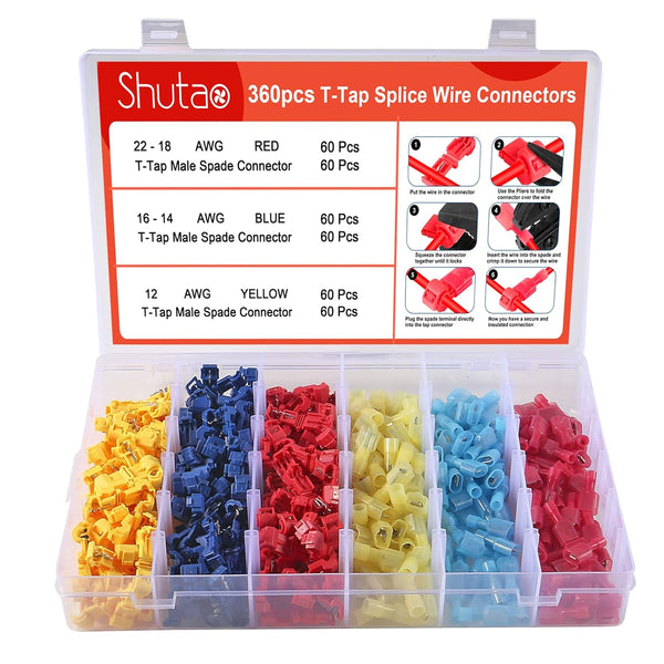 360Pcs T-Tap Wire Connectors, Self-Stripping Quick Splice Electrical Wire Terminals, Insulated Male Spade Kit