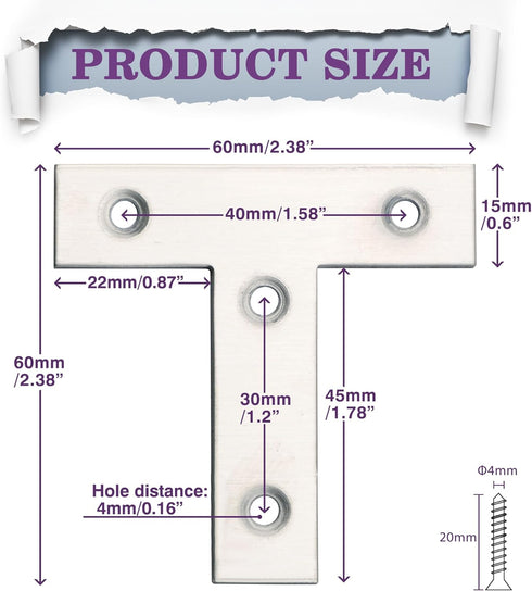 Alise T Flat Brackets, 60mm x 60mm Stainless Steel Corner Brace Mending Plate for Wood Tables, Chairs, Pack of 8