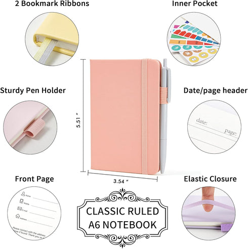 feela 6 Pack Pocket Small Notebooks Bulk, Mini Cute Memo Notepads Hardcover College Ruled Lined Journals with Pen Holder for Women Girls Office School, with 6 Black Pens, 3.5”x 5.5”, A6, Pastel Colors by feela