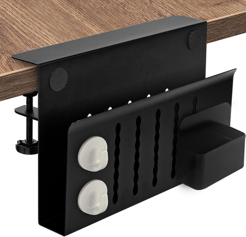 Desk Side Storage, Laptop Metal Organizer, Under Desk Holder with Pen Holder and 2 Hooks, Black