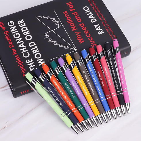 AUAUY 12 PCS Funny Pens, Fun Ballpoint Pen Set with 12 Replacement Refills, 2 in 1 Metal Stylus Pens, Funny Office