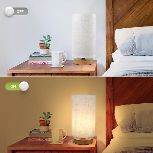 Small Bedside Night Table Lamp for Bedroom, Minimalist Nightstand Lamp with Round Fabric Linen Shade for Kids Room
