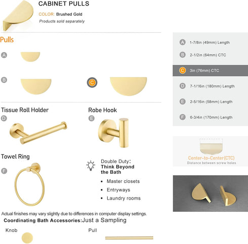 QOGRISUN 2-Pack Solid Brass Cabinet Pulls, Gold Half Moon Drawer Handles, 3-Inch Hole Center