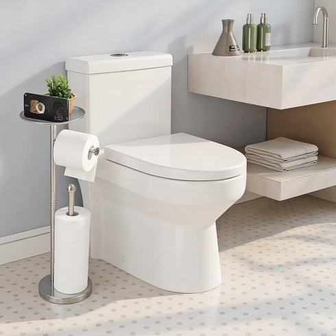 5 Toilet Paper Holder Stand with Phone Shelf, Holds Rolls, Free Standing TP Roll Holder for Bathroom, Practical Shelf