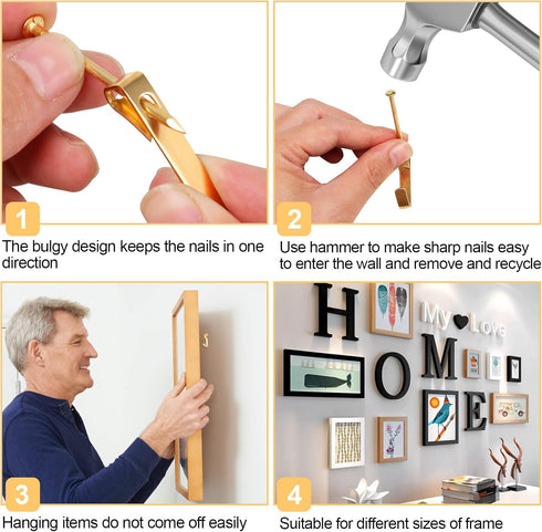 184 Pieces Picture Hanging Kit, Gold, 20lb, 30lb, 50lb Hangers, Metal Hooks with Nails for Drywall, Wooden Wall