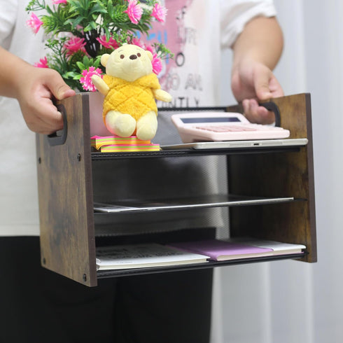 Wood Desk Organizer - 3 Tier Paper Organizer, File Organizer, Document Organizer for Office Desk Accessories