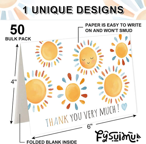 50 4 6 Inch FYSUIMU Pcs Boho Sun Thank You Cards Greeting Cards with Envelopes Stickers Blue Orange Sunshine Blank Note
