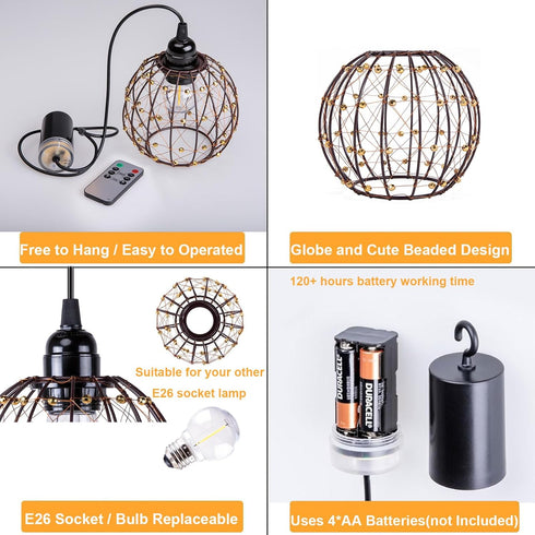 TWINKVILLA Bulb Ball-G50-2PK) Hanging Pendant Lights, Battery Operated Outdoor Chandelier with Warm White LED for Patio