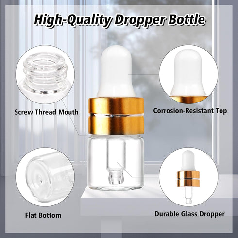 50 Pack 1ml Clear Glass Dropper Bottles, Mini Sample Bottles with 2 Pcs Plastic Droppers for Essential Oils