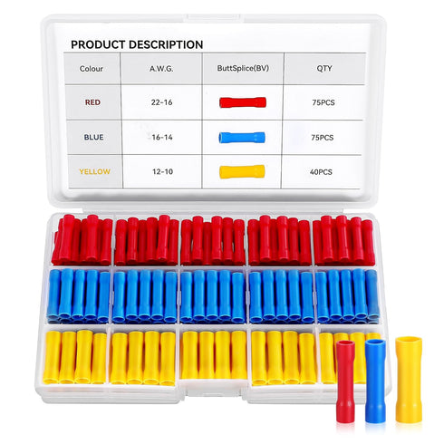 Wire Connectors Insulated Butt Terminals Kit, Automotive Marine Electrical Terminals, 190PCS Butt Splice Connectors