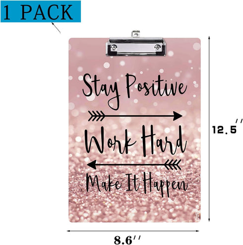 Cute Decorative Clipboard with Inspirational Quotes, Stay Positive Work Hard, 8.5" x 12.5", Art Rose Gold Glitter Black