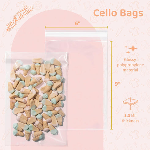Pack It Chic - 200 Pack Clear Resealable Cello Poly Bags, 6” X 9” for Prints, Photos, Cards & Envelopes