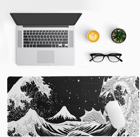 Black and White Japanese Wave Dragon Gaming Mouse Pad - Abstract Non-Slip Rubber Base, 31.5x11.8 Inch, Stitched Edges