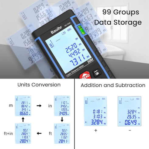 Bauihr Laser Measure, 165ft Distance Meter, Portable Tool, 2 Bubble Levels, Large Backlit LCD Display