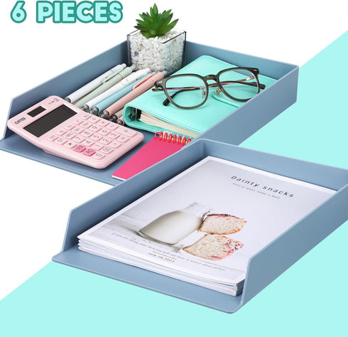 TecUnite 6 Pieces Stackable Letter Trays, Blue File Organizer for Office Classroom Desktop Storage