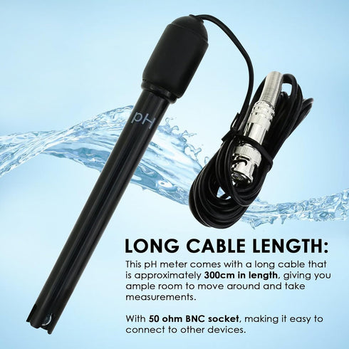 0-14 pH Electrode Probe, pH Meter with Replacement BNC Connector and 300cm Cable Sensor for Hydroponics, Aquarium