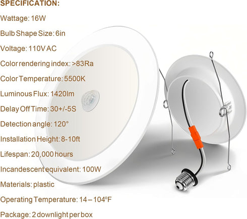 7117 6 Inch 16W 5500K E26, 2Pack Motion Sensor LED Recessed Lights, Downlight Daylight, Motion Activated Security