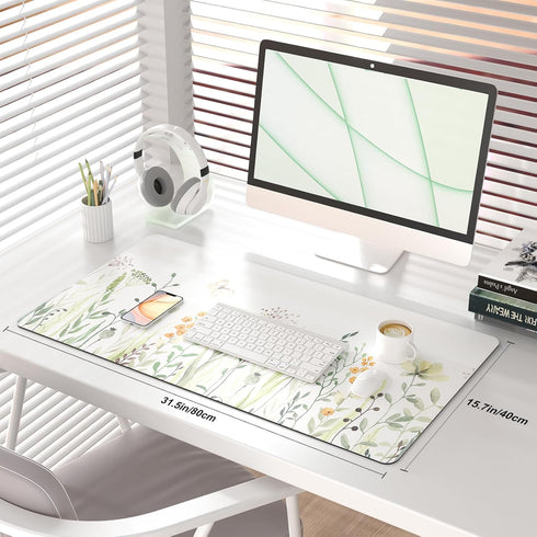QIYI Large Mouse Pad for Desk, Floral Computer Desk Mat for Keyboard and Mouse, Non-Slip Rubber Base Waterproof Leather Desk Pad, Green Leaves Gaming Mousepad Office Desk Accessories, 31.5" x 15.7" by QiyI