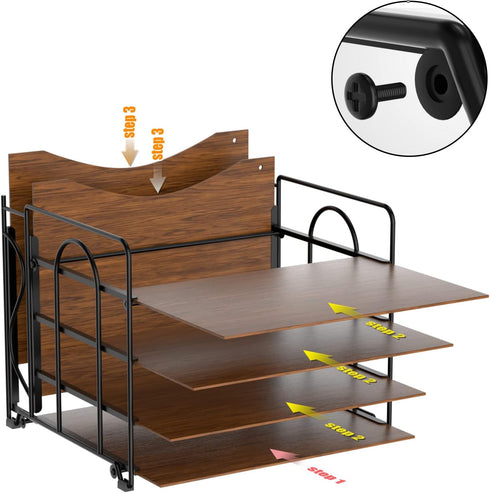 Black Desk File Organizer, 4-Tier Wood Organizers with 5 A4 File Folders, Letter Size for Office, School, Home