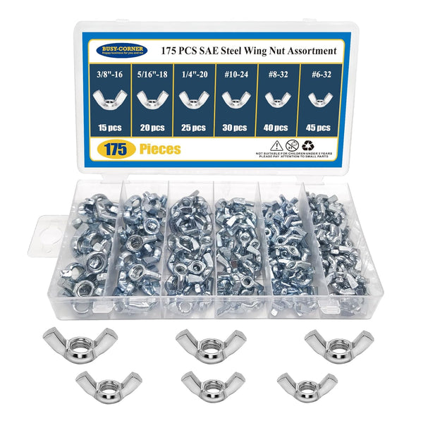 175 PCS Wing Nuts Fasteners, Butterfly Wing Nuts SAE Steel Wing Nut Assortment Kit from #6 to 3/8’’