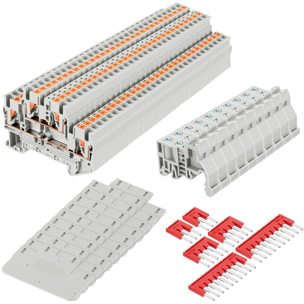 DIN Rail Terminal Block Twin Spring Terminal Connectors Push in Type PT Screwless Wiring Connector with 10 Covers and 6