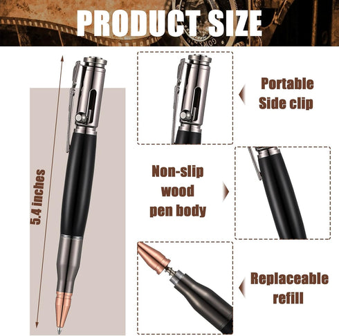 Chinco 2 Pieces Bolt Action Wood Ballpoint Pens, Solid Brass Bullet Shaped Pen with 2 Refills, Black Ink (Black, Brown)