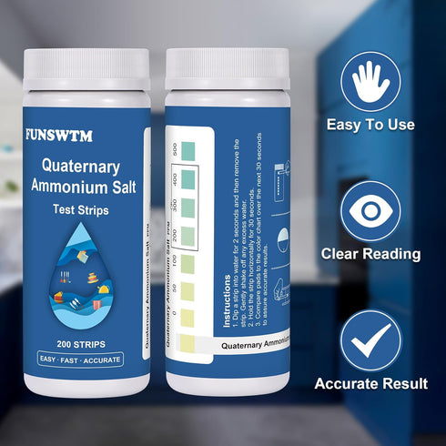 Quaternary Ammonium Test Quat Test Strips: 200 Strips Quaternary Test Strips - Testing range 0-500ppm for Food Service