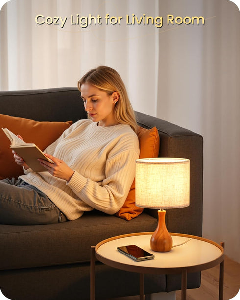 14.2" E26 LE09TL05 Small Table Lamp, Wood Bedside Lamp, Little Cute Desk Lamp with Dark Wood Bottle-Shaped Base & Beige