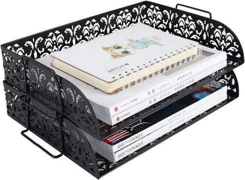 EasyPAG Stackable Letter Tray Organizer - 2 Tiers, A4 Paper Sorter, Mesh File Paper Tray, Black