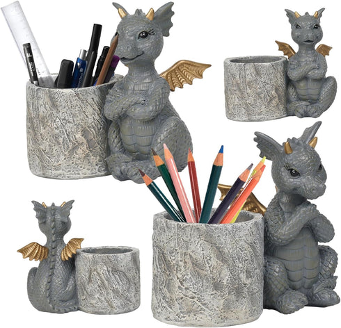 Guichifun Dragon Pen Holders, Set of 2 Cute Decor Figurines for Desk, Fashion Organizers for Women and Kids