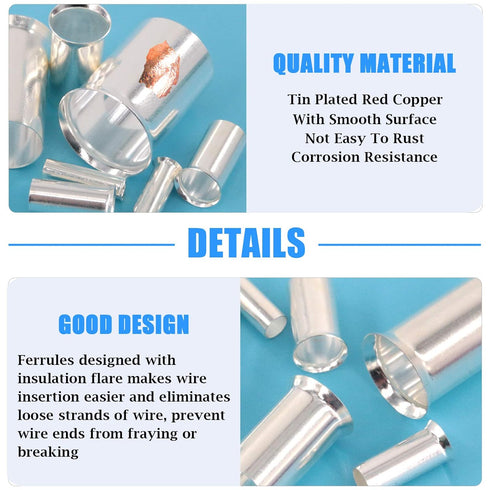 Glarks 166Pcs Wire Ferrules Kit, 8 Sizes AWG 12 10 8 6 4 2 1 2/0, Silver Plated Copper Crimp Connectors