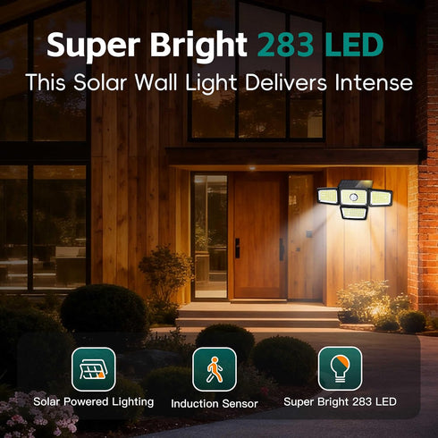 4-Head 283 3000LM 6500K, IP65 270 Lights(1Pack) Solar Outdoor Motion Sensor Light, LED Solar Flood Light Waterproof