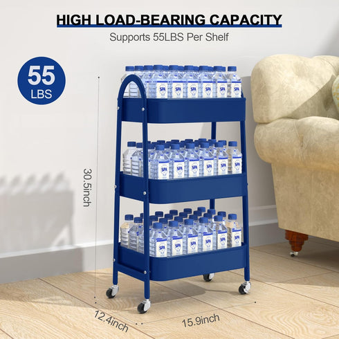 EAGMAK 3 Tier Utility Rolling Cart, Metal Storage Organizer Trolley with Handle and Lockable Wheels for Kitchen, Office