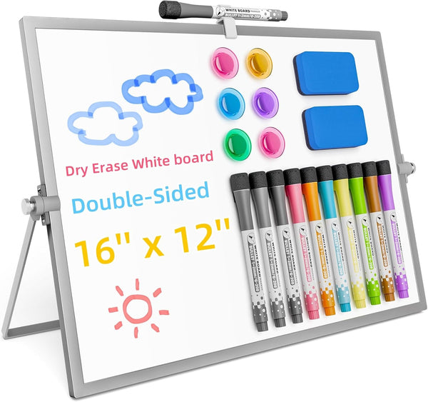 Grtard Dry Erase White Boards, 16'' x 12'' Magnetic Desktop Board with Stand, 10 Markers, 6 Magnets, 2 Erasers