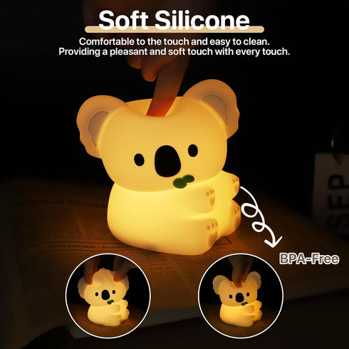 3 Dimmable Cute Koala Night Light for Kids Rechargeable, Battery Operated Nightlight Level with RGB&Timer, Silicone