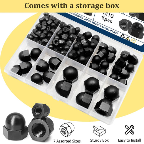 Vifmy Kit,M3 M4 M5 M6 M8 M10 155PCS Sets,Nut Metric Black Nylon Acorn Nuts Assortment UNC Cap Nuts Caps for Bolt,Dome