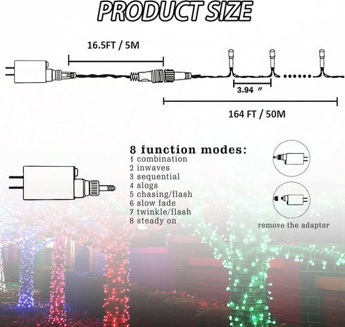 164FT 500 8 FUNPENY LED Christmas Indoor Outdoor Decorative String Lights, Modes Waterproof Green Wire LED Fairy Light