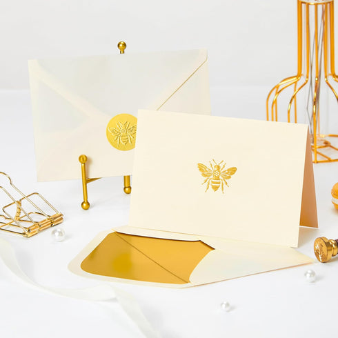 50 Pack 4x6, Crisky Blank Cards and Envelopes Embossed Gold Foil Bee Blank Greeting Cards Bulk for Wedding, Bridal