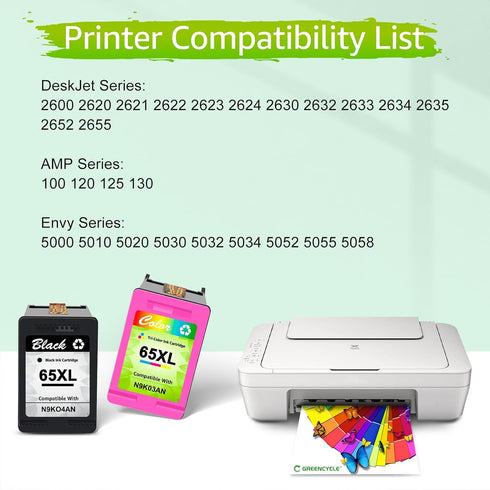 greencycle Remanufactured High Yield Ink Cartridge Compatible for HP 65XL 65 for Envy 5055 5052 5058 (1 Black, 1