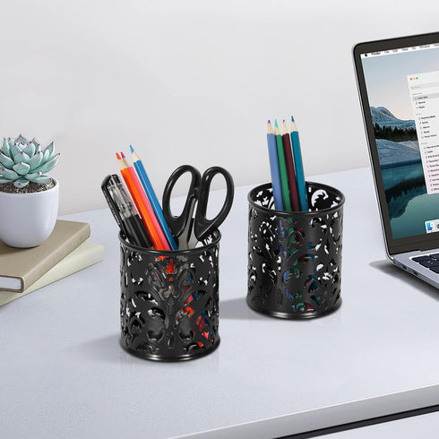 EasyPAG Metal Round Pencil Holder - 2 Pack Black Pen Cup Holders for Desk Organizer