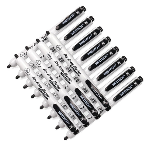 WRITECH Retractable Dry Erase Markers: Fine Point Clickable Black Colored Ink Marker Low Odor Erasable Thin Tip Refillable Whiteboard Marker Pen Set 12ct No Bleed Smear