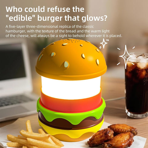 Dimmable Zunate Hamburger Shaped Night Light with BT Speaker and White Noise Sounds, Rechargeable Bedside Lamp