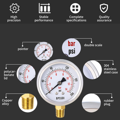 0-200 Psi Pressure Gauge, Dry Water Pressure Gauge, 2-1/2" Dial, 1/4" NPT Lower Mount, Stainless Steel Case