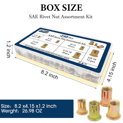 Vifmy Kit(240Pcs), #6-32#8-32#10-24 1/4"-20 5/16"-18 3/8"-16 Set, SAE Rivet Nut Assortment UNC Rivnut Threaded Insert