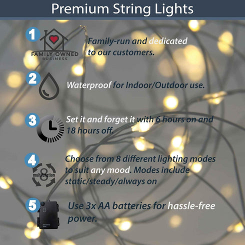 6hr QBIS Outdoor Christmas Lights - Fairy Lights Battery Operated with Small Warm White LEDs, Green Wire