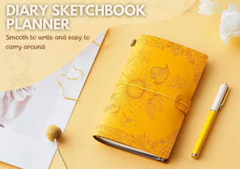 InnoBeta Sunflower Gifts for Women, Leather Journal Notebook, 7 x 5 Inches, Refillable Sketchbook, Travel Diary, Lined
