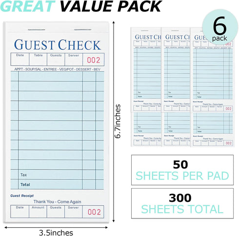 6 Pack 300 XKDOUS Light Blue Server Books, Server Note Pads, Guest Check Books for Servers, Waitress Notepads