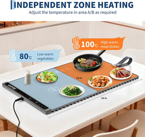 3rd 24" x15" 6 1-3H Garvee Gen Upgraded Food Warming Mat, AB Dual Zone Independent Heating, Electric Warming Tray
