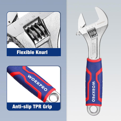 WORKPRO 8-Inch Adjustable Wrench, Premium Cr-V Steel with Rubber Anti-Slip Grip, Wide Jaw Opening, Metric/SAE Scales